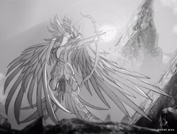 Size: 3185x2412 | Tagged: safe, artist:zidanemina, derpibooru import, captain celaeno, my little pony: the movie, archery, avian, black and white, bow (weapon), crossover, gold saint, grayscale, high res, monochrome, sagittarius, saint seiya, solo