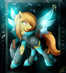 Size: 1730x1920 | Tagged: safe, alternate version, artist:zidanemina, derpibooru import, braeburn, earth pony, pony, alternate hairstyle, armor, armored pony, crossover, male, mariner, saint seiya, smiling, solo, stallion