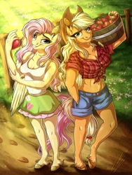 Size: 3000x4000 | Tagged: safe, artist:lupiarts, applejack, fluttershy, anthro, earth pony, pegasus, unguligrade anthro, apple, applejack's hat, applerack, basket, belly button, breasts, cleavage, clothes, commission, cowboy hat, cutie mark, cutie mark on clothes, daisy dukes, dirt path, duo, duo female, ear fluff, ears, equestria girls outfit, female, food, front knot midriff, fruit, grass, grin, hat, high angle, high res, hootershy, looking at you, looking up, looking up at you, mare, midriff, outdoors, shirt, shorts, skirt, smiling, stetson, straw in mouth, tanktop, unshorn fetlocks