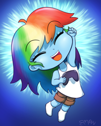 Size: 960x1200 | Tagged: safe, artist:empyu, part of a set, rainbow dash, equestria girls, blue background, chibi, clothes, controller, eyes closed, female, gradient background, open mouth, shorts, simple background, socks, solo, tanktop, younger