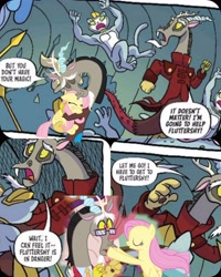 Size: 4096x5120 | Tagged: safe, artist:tonyfleecs, derpibooru import, edit, editor:zcord, idw, discord, fluttershy, abyssinian, draconequus, pegasus, pony, discordant harmony, to where and back again, spoiler:comic, spoiler:comic97, absurd resolution, collage, cropped, female, hug, male, mare, season 10