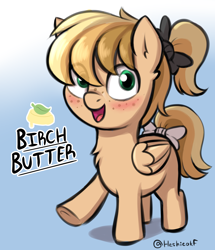 Size: 1624x1888 | Tagged: safe, artist:heretichesh, derpibooru import, oc, oc only, oc:birch butter, pegasus, pony, blushing, bow, colored, colt, femboy, freckles, male, pegasus oc, reference