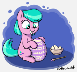 Size: 1815x1692 | Tagged: safe, artist:heretichesh, derpibooru import, aquamarine, earth pony, pony, bowl, colored, easter egg, egg, female, filly, grin, paintbrush, simple background, sitting, smiling