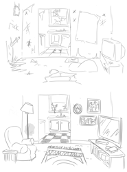 Size: 799x1082 | Tagged: safe, artist:jargon scott, derpibooru import, before and after, black and white, bread, chair, family photo, food, grayscale, house, knife, mess, monochrome, no pony, television, toast, vulgar