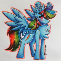 Size: 1080x1080 | Tagged: safe, artist:xneodrago, derpibooru import, rainbow dash, pegasus, pony, backwards cutie mark, blushing, chest fluff, ear fluff, ears, eyelashes, female, mare, signature, solo, traditional art, wings