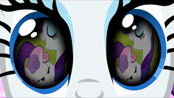 Size: 1280x720 | Tagged: safe, artist:rarityvrymercollectiveoriginals, artist:rarityvrymerzhmusic, derpibooru import, screencap, rarity, sweetie belle, magical mystery cure, season 2, season 3, sisterhooves social, eye reflection, eyes closed, lidded eyes, reflection