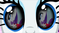 Size: 1280x720 | Tagged: safe, artist:rarityvrymercollectiveoriginals, artist:rarityvrymerzhmusic, derpibooru import, screencap, opalescence, rarity, cat, pony, unicorn, magical mystery cure, season 2, season 3, sweet and elite, eye reflection, female, mare, reflection