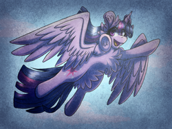 Size: 1600x1200 | Tagged: safe, artist:xneodrago, derpibooru import, twilight sparkle, twilight sparkle (alicorn), alicorn, pony, abstract background, belly fluff, cheek fluff, chest fluff, ear fluff, ears, eye clipping through hair, eyelashes, female, flying, frog (hoof), horn, mare, open mouth, open smile, smiling, solo, traditional art, underhoof, wings