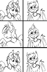 Size: 627x951 | Tagged: safe, artist:replica, derpibooru import, oc, oc only, oc:nolegs, oc:summer scorch, anthro, bat pony, pegasus, bat pony oc, bat wings, clothes, comic, cute, cute little fangs, digital art, duo, fangs, female, looking at each other, looking back, male, monochrome, scorchlegs, sketch, spread wings, straight, wings