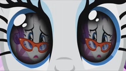 Size: 1280x720 | Tagged: safe, artist:rarityvrymercollectiveoriginals, artist:rarityvrymerzhmusic, derpibooru import, screencap, rarity, magical mystery cure, season 1, season 3, suited for success, eye reflection, glasses rarity, open mouth, reflection