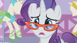 Size: 1280x720 | Tagged: safe, artist:rarityvrymercollectiveoriginals, artist:rarityvrymerzhmusic, derpibooru import, screencap, rarity, season 1, suited for success, glasses rarity, mannequin, open mouth