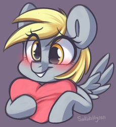 Size: 1311x1429 | Tagged: safe, artist:sakukitty, derpibooru import, derpy hooves, blushing, cute, derpabetes, grin, heart, smiling, solo