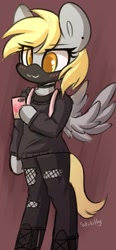 Size: 1005x2161 | Tagged: safe, artist:sakukitty, derpibooru import, derpy hooves, semi-anthro, bipedal, cellphone, choker, clothes, mask, phone, solo, spread wings, wings