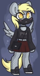 Size: 1260x2400 | Tagged: safe, artist:sakukitty, derpibooru import, derpy hooves, semi-anthro, bag, bipedal, choker, clothes, cute, derpabetes, fishnet stockings, mask, skirt, solo, spread wings, wings