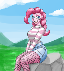 Size: 1300x1450 | Tagged: safe, artist:zachc, derpibooru import, pinkie pie, equestria girls, clothes, denim shorts, female, fishnet clothing, looking at you, shorts, sitting, socks, solo, striped sweater, sweater, thigh highs