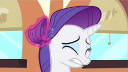 Size: 1280x720 | Tagged: safe, artist:rarityvrymercollectiveoriginals, artist:rarityvrymerzhmusic, derpibooru import, screencap, rarity, pony, unicorn, mmmystery on the friendship express, season 2, eyes closed, female, friendship express, hair pulling, magic, mare, train