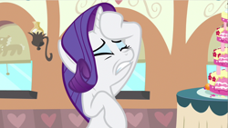 Size: 1280x720 | Tagged: safe, artist:rarityvrymercollectiveoriginals, artist:rarityvrymerzhmusic, derpibooru import, screencap, rarity, unicorn, mmmystery on the friendship express, season 2, cake, eyes closed, fainting couch, food, marzipan mascarpone meringue madness, train