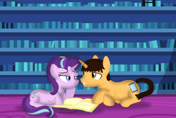 Size: 9000x6040 | Tagged: safe, artist:brandonthebronypony2, derpibooru import, starlight glimmer, oc, oc:brandon, pony, unicorn, book, duo, female, library, male