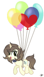 Size: 703x1231 | Tagged: safe, artist:princessmoonsilver, derpibooru import, oc, oc:eugely, pony, unicorn, balloon, bowtie, female, mare, party balloon, simple background, solo, transparent background