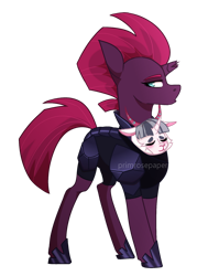 Size: 1280x1694 | Tagged: safe, artist:primrosepaper, derpibooru import, oc, oc:stormie, oc:stormie berrytwist, unicorn, baphomet, broken horn, carrying, horn, hybrid offspring, mohawk, parent:storm king, parent:tempest shadow, parents:stormpest, simple background, sleeping, solo, storm king armor, transparent background