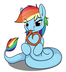Size: 4400x4800 | Tagged: safe, artist:dacaoo, derpibooru import, rainbow dash, lamia, original species, bedroom eyes, forked tongue, heart, lamiafied, long tongue, looking at you, rainbow coils, simple background, solo, species swap, tail fluff, tongue, tongue out, transparent background