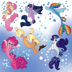 Size: 2449x2449 | Tagged: safe, artist:mylittlejewmonster, derpibooru import, applejack, fluttershy, pinkie pie, rainbow dash, rarity, twilight sparkle, alicorn, earth pony, pegasus, pony, seapony (g4), unicorn, bubble, dorsal fin, female, fin wings, fish tail, flowing mane, flowing tail, horn, mane six, ocean, open mouth, seaponified, seapony applejack, seapony fluttershy, seapony pinkie pie, seapony rainbow dash, seapony rarity, seapony twilight, signature, smiling, species swap, swimming, tail, underwater, water, wings