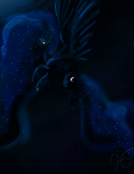 Size: 1090x1414 | Tagged: safe, artist:hollymidnight14, derpibooru import, princess luna, alicorn, pony, ethereal mane, female, flowing mane, horn, looking up, moonlight, night, sky, solo, spread wings, starry mane, wings