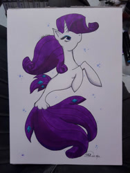 Size: 756x1008 | Tagged: safe, artist:bella-mia-d, derpibooru import, rarity, pony, seapony (g4), unicorn, blue eyes, bubble, dorsal fin, eyelashes, female, flowing mane, flowing tail, horn, looking up, seaponified, seapony rarity, simple background, solo, species swap, white background