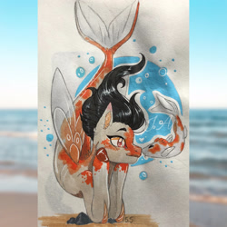 Size: 2939x2939 | Tagged: safe, artist:jdash15, derpibooru import, oc, oc only, fish, seapony (g4), bubble, clothes, fin wings, fins, fish tail, flowing mane, flowing tail, looking at each other, ocean, orange eyes, see-through, simple background, solo, swimming, tail, underwater, water, white background, wings