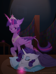 Size: 1200x1600 | Tagged: safe, artist:willoillo, derpibooru import, rarity, twilight sparkle, twilight sparkle (alicorn), alicorn, pony, unicorn, fanfic:the enchanted library, bookshelf, fanfic art, library, pillow