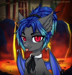 Size: 1931x2000 | Tagged: safe, artist:megabait, derpibooru import, oc, demon, pony, bat wings, bust, female, hell, lava, portrait, wings