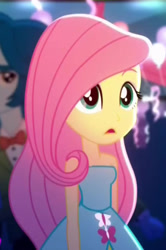 Size: 518x779 | Tagged: safe, derpibooru import, screencap, captain planet, fluttershy, eqg summertime shorts, equestria girls, raise this roof, bare shoulders, cropped, cute, shyabetes, sleeveless, solo focus, strapless