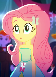 Size: 414x573 | Tagged: safe, derpibooru import, screencap, fluttershy, heath burns, valhallen, eqg summertime shorts, equestria girls, raise this roof, bare shoulders, cropped, cute, shyabetes, sleeveless, strapless