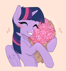 Size: 1736x1860 | Tagged: safe, artist:sannoe, derpibooru import, twilight sparkle, twilight sparkle (alicorn), alicorn, pony, blushing, bouquet, cute, eyes closed, female, flower, grin, happy, mare, rose, simple background, smiling, solo, twiabetes