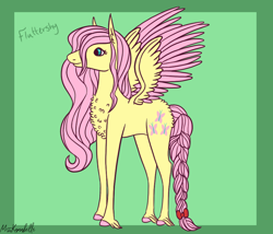 Size: 1750x1500 | Tagged: safe, artist:misskanabelle, derpibooru import, fluttershy, pegasus, pony, abstract background, alternate design, braided tail, female, hoof fluff, mare, solo, two toned wings, wings