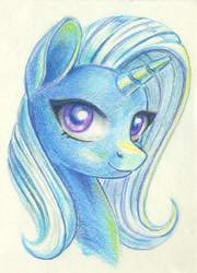 Size: 585x811 | Tagged: safe, artist:maytee, derpibooru import, trixie, pony, unicorn, bust, colored pencil drawing, female, looking at you, mare, portrait, smiling, solo, traditional art