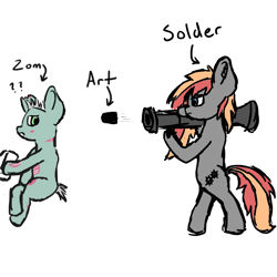 Size: 1500x1500 | Tagged: safe, artist:mlplayer dudez, derpibooru import, oc, oc only, oc:living dead, oc:solder point, earth pony, pony, undead, zombie, bipedal, confused, drawing, drawing tablet, duo, ear fluff, ears, rocket launcher, silly, sitting, sketch, standing