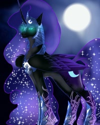 Size: 768x960 | Tagged: safe, artist:_goddesskatie_, derpibooru import, nightmare moon, alicorn, pony, bedroom eyes, bust, eyelashes, female, full moon, glowing eyes, helmet, hoof shoes, horn, mare, moon, outdoors, solo, wings