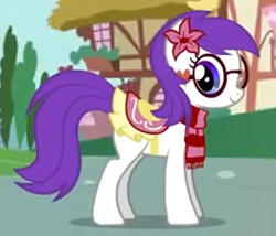 Size: 256x219 | Tagged: safe, derpibooru import, oc, oc:milly, earth pony, pony, adventures in ponyville, clothes, flower, flower in hair, game, glasses, heart, looking at you, ponyville, saddle, scarf, smiling, tack