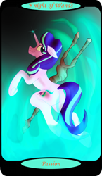 Size: 1500x2591 | Tagged: safe, artist:sixes&sevens, derpibooru import, starlight glimmer, unicorn, female, fire, knight of wands, magic, minor arcana, solo, staff, staff of sameness, tarot card