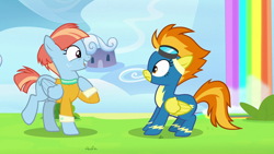 Size: 1920x1080 | Tagged: safe, derpibooru import, screencap, spitfire, windy whistles, pegasus, pony, parental glideance, clothes, duo, duo female, female, mare, open mouth, raised hoof, raised leg, uniform, wonderbolts uniform