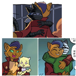 Size: 1280x1280 | Tagged: safe, artist:tonyfleecs, derpibooru import, idw, capper dapperpaws, chummer, molly (cat), shadow (cat), abyssinian, spoiler:comic, spoiler:comic96, spoiler:comic97, capperbetes, cute, hug, season 10