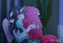 Size: 1028x703 | Tagged: safe, artist:lzjian79, derpibooru import, pinkie pie, twilight sparkle, alicorn, anthro, earth pony, human, my little pony: the movie, anime, blushing, clothes, eyes closed, female, hug, humanized, lesbian, shipping, twinkie