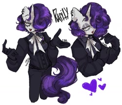 Size: 1025x884 | Tagged: safe, artist:brlckson, derpibooru import, rarity, anthro, unicorn, alternate hairstyle, clothes, ear piercing, earring, eyeshadow, gloves, hand, heart, jewelry, lipstick, makeup, piercing, signature, text