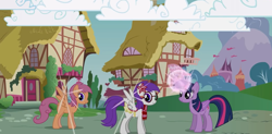 Size: 1084x535 | Tagged: safe, derpibooru import, scootaloo, twilight sparkle, twilight sparkle (alicorn), oc, oc:absentia, oc:milly, alicorn, pegasus, pony, adventures in ponyville, clothes, cloud, cloudy, cutscene, flower, flower in hair, game, glasses, magic, orange pony, pegasus device, ponyville, purple mane, saddle, scarf, shade, sparkles, tack, what if, wings
