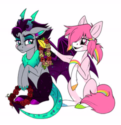 Size: 6103x6312 | Tagged: safe, artist:celestial-rainstorm, derpibooru import, oc, oc only, oc:caring heart, oc:mirage, earth pony, pony, absurd resolution, augmented tail, female, floral head wreath, flower, horns, mare, simple background, white background