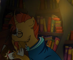 Size: 1280x1067 | Tagged: safe, artist:alebheis, derpibooru import, sunburst, pony, unicorn, book, bookshelf, cheek fluff, library, sleeping, solo