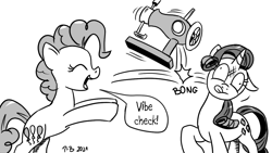 Size: 1200x675 | Tagged: safe, artist:pony-berserker, derpibooru import, pinkie pie, rarity, pony-berserker's twitter sketches, monochrome, sewing machine, stippling, this will end in concussion, this will end in the hospital, this will not end well, vibe check