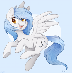 Size: 1200x1221 | Tagged: safe, artist:higglytownhero, derpibooru import, oc, oc only, oc:vector cloud, pegasus, pony, female, flying, mare, open mouth, open smile, pegasus oc, smiling, solo, spread wings, wings