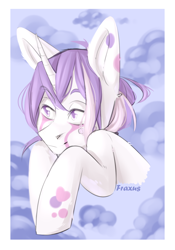 Size: 944x1350 | Tagged: safe, artist:fraxus, artist:ilovefraxus, derpibooru import, oc, pony, unicorn, cloud, commission open, cute, ear fluff, ears, fluffy, gift art, happy, male, shiny, smiling, solo